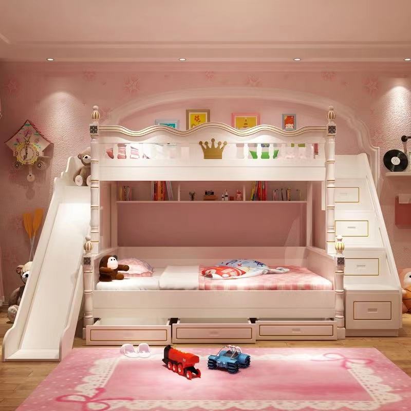 Pink multifunctional wooden bunk beds for girls