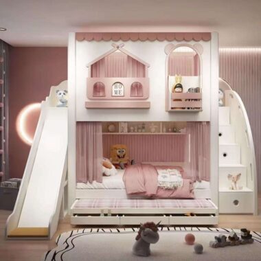 Pink multifunctional wooden bunk beds for girls