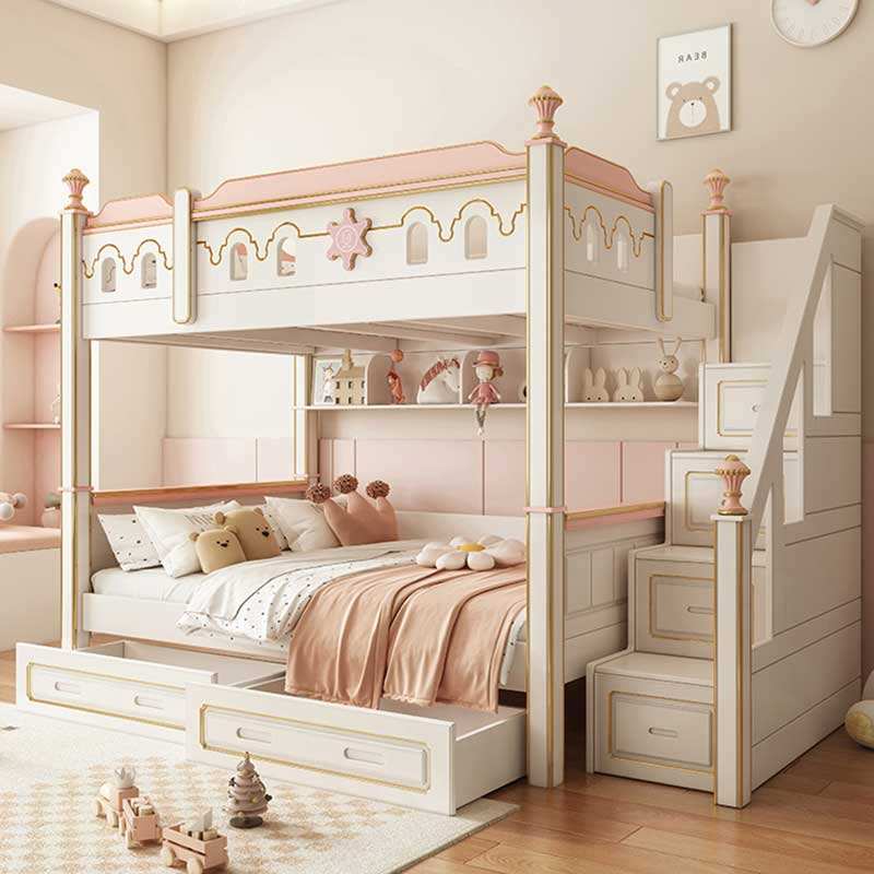 Pink multifunctional wooden bunk beds for girls