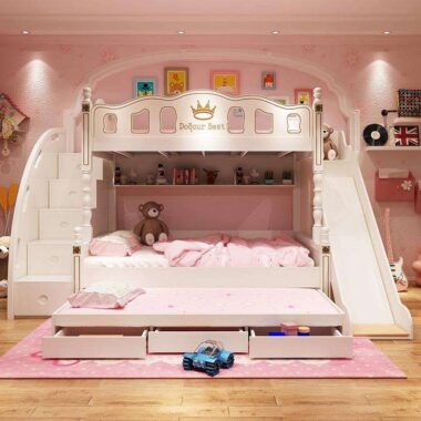 Pink multifunctional wooden bunk beds for girls