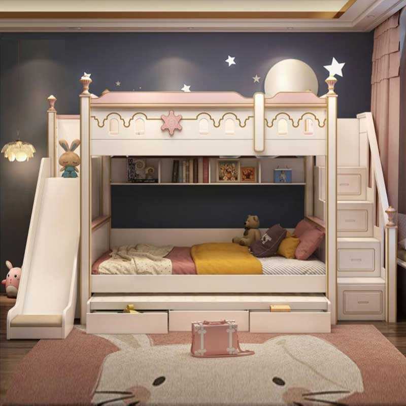 Pink multifunctional wooden bunk beds for girls