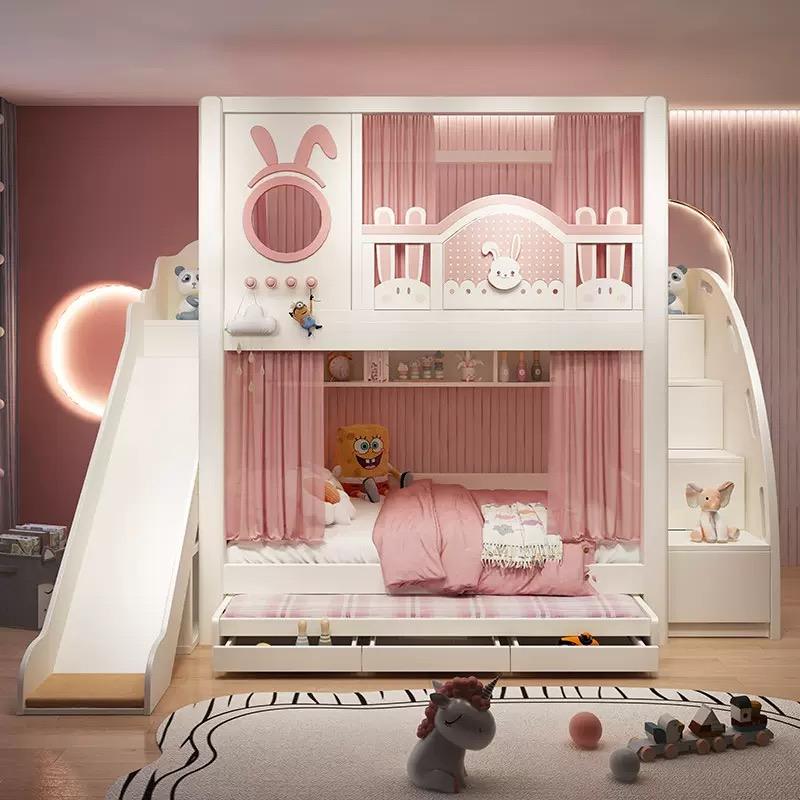 Pink multifunctional wooden bunk beds for girls