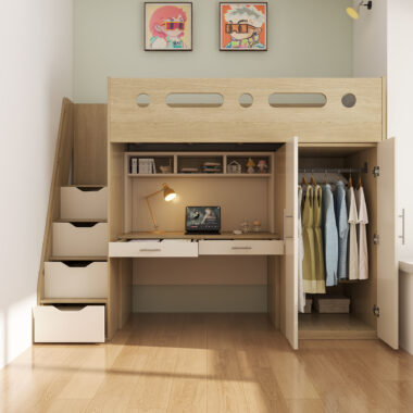 Multifunctional Kids Loft Bed with Desk and Wardrobe