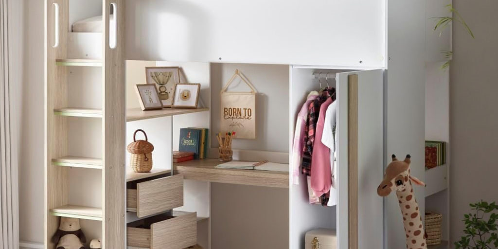 Multifunctional Kids Loft Bed with Storage Wardrobe