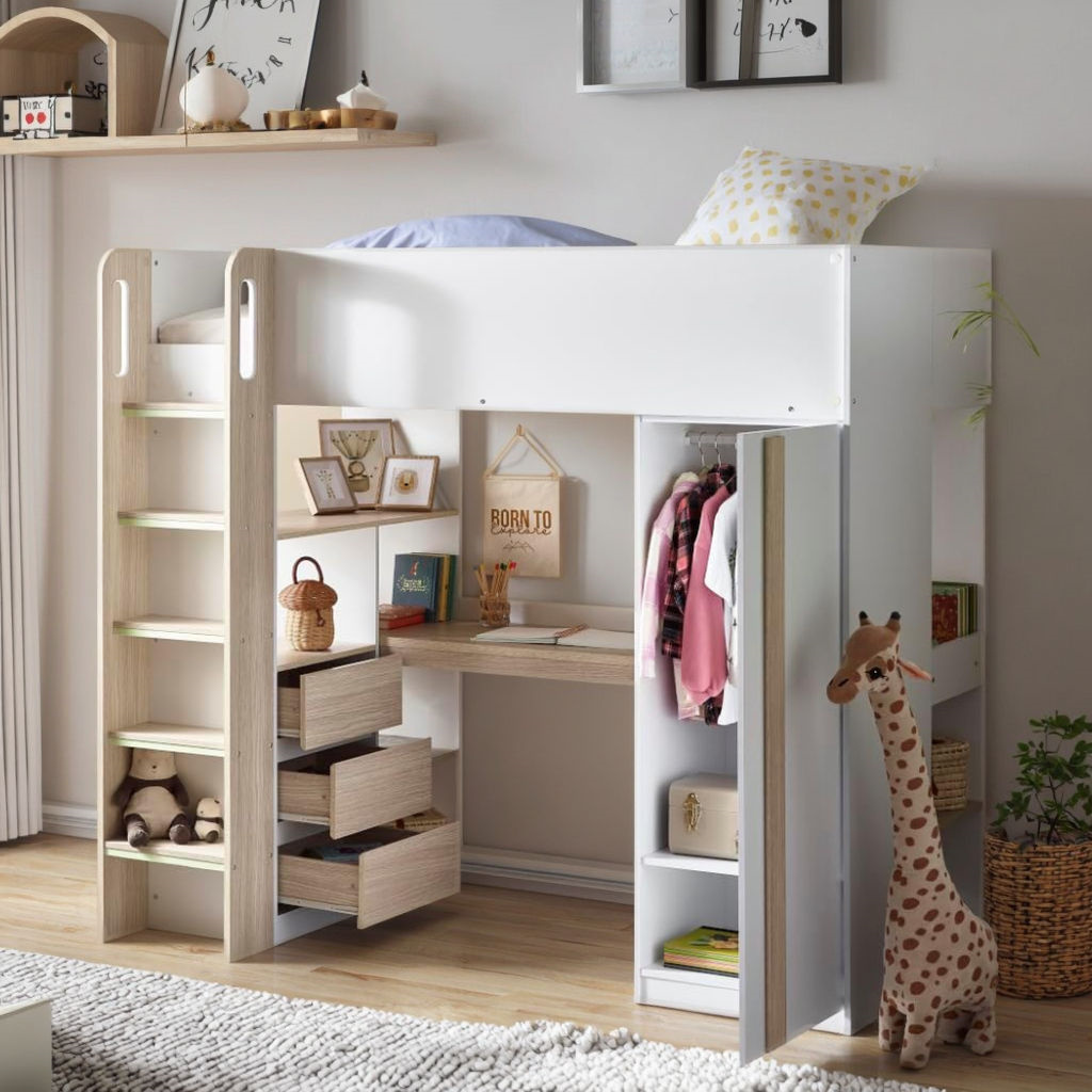 Multifunctional Kids Loft Bed with Storage Wardrobe