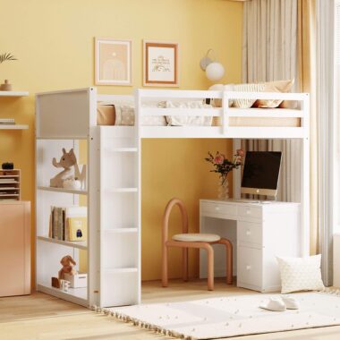 Multifunctional Kids Loft Bed with Storage Wardrobe