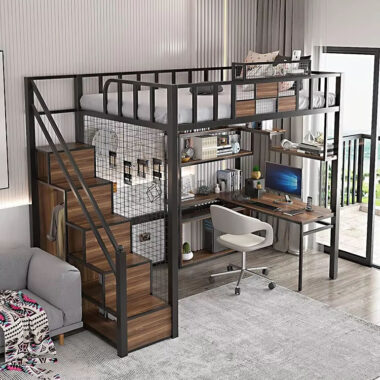 Modern Metal Loft Bed with Desk and Bookshelf for Dormitory
