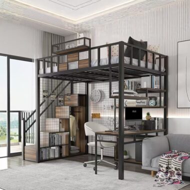 Modern Metal Loft Bed with Desk and Bookshelf for Dormitory
