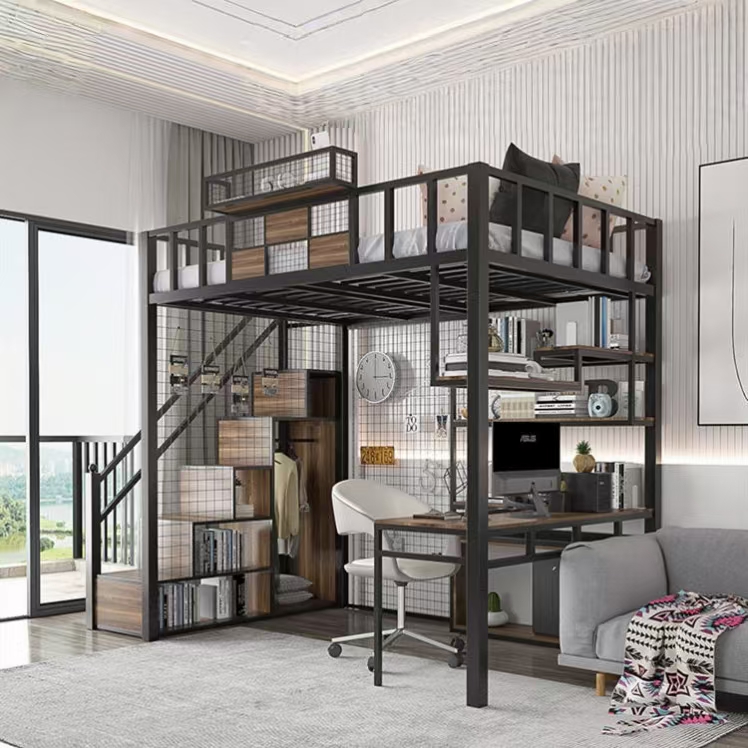 Modern Metal Loft Bed with Desk and Bookshelf for Dormitory