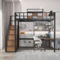 Modern Metal Loft Bed with Desk and Bookshelf for Dormitory