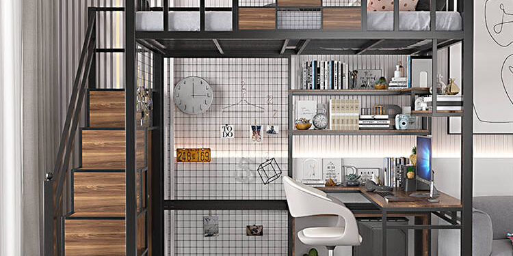 Modern Metal Loft Bed with Desk and Bookshelf for Dormitory