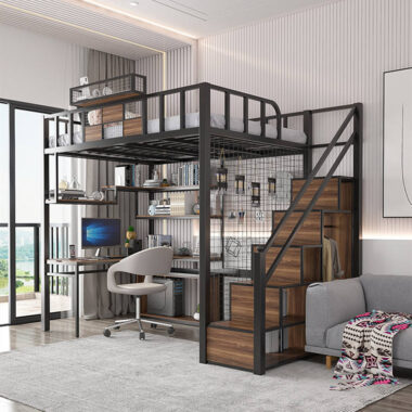Modern Metal Loft Bed with Desk and Bookshelf for Dormitory