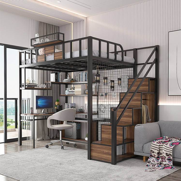 Modern Metal Loft Bed with Desk and Bookshelf for Dormitory
