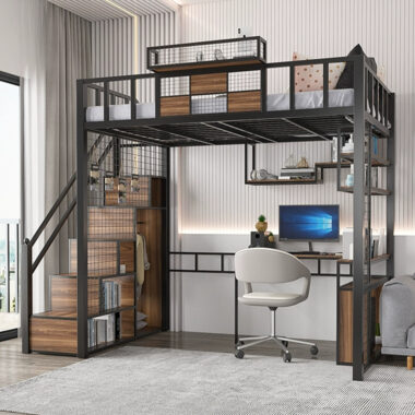 Modern Metal Loft Bed with Desk and Bookshelf for Dormitory
