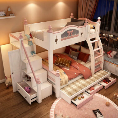 Durable Kids Wooden Bunk Bed with Storage
