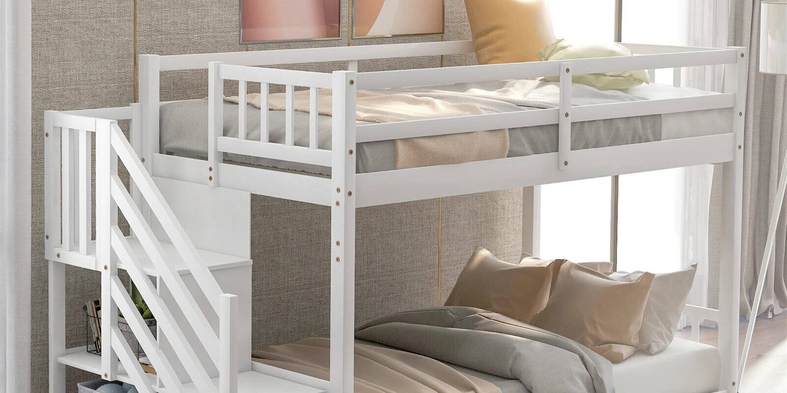 kids wooden bunk beds with safety guardrails and ladder