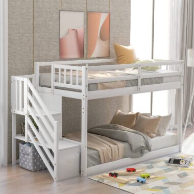 kids wooden bunk beds with safety guardrails and ladder
