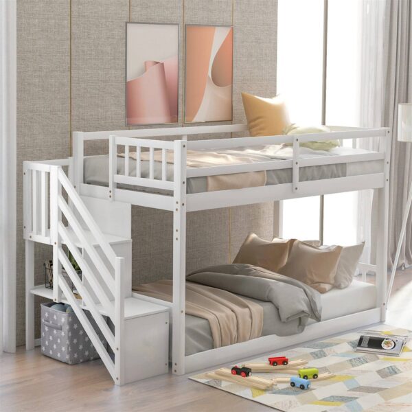 kids wooden bunk beds with safety guardrails and ladder