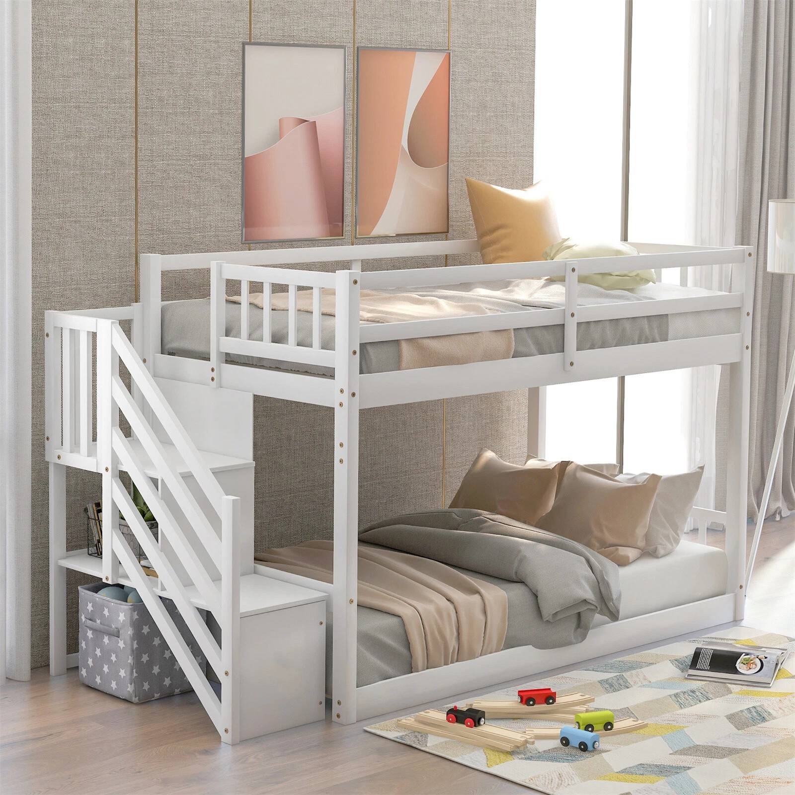 kids wooden bunk beds with safety guardrails and ladder