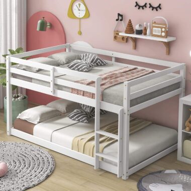 kids wooden bunk beds with safety guardrails and ladder