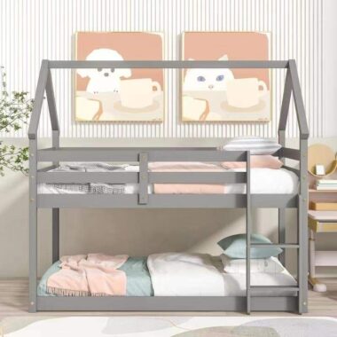 kids wooden bunk beds with safety guardrails and ladder