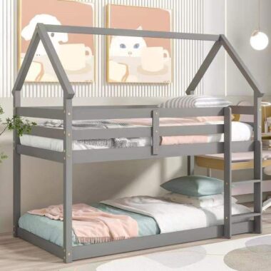 kids wooden bunk beds with safety guardrails and ladder