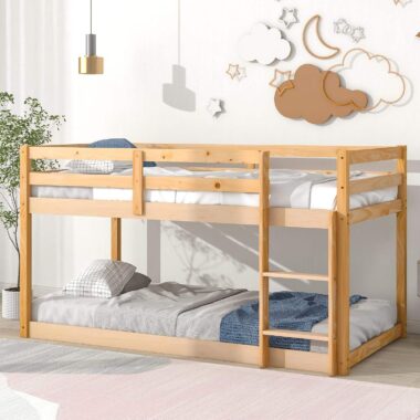 kids wooden bunk beds with safety guardrails and ladder