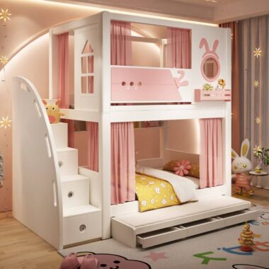 kids wooden bunk beds with slide and storage stairs bedroom
