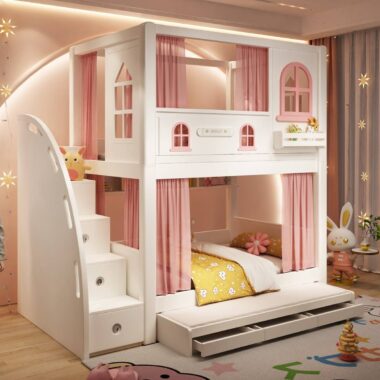 kids wooden bunk beds with slide and storage stairs bedroom