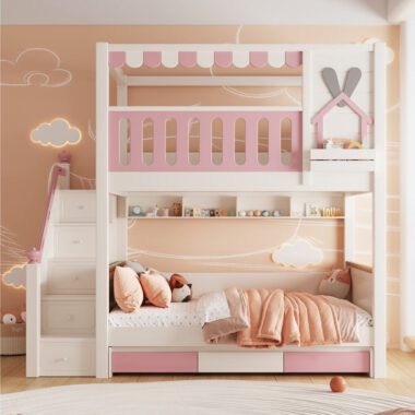 kids wooden bunk beds with slide and storage stairs bedroom