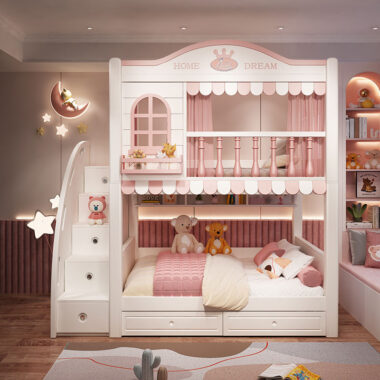 kids wooden bunk beds with slide and storage stairs bedroom