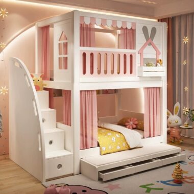 kids wooden bunk beds with slide and storage stairs bedroom