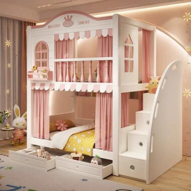 kids wooden bunk beds with slide and storage stairs bedroom