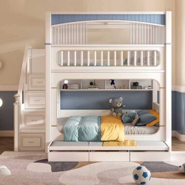 modern kids wooden bunk beds with stairs and drawers