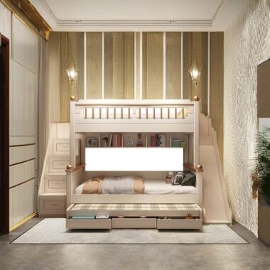 modern kids wooden bunk beds with stairs and drawers