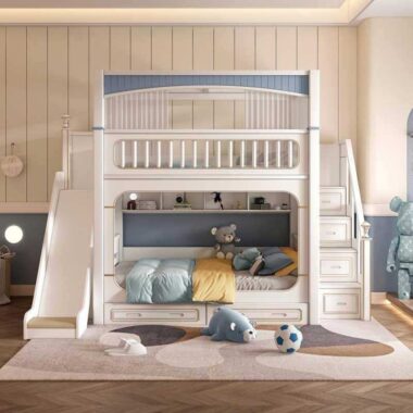 modern kids wooden bunk beds with stairs and drawers