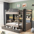 modern kids wooden bunk beds with stairs and storage drawers
