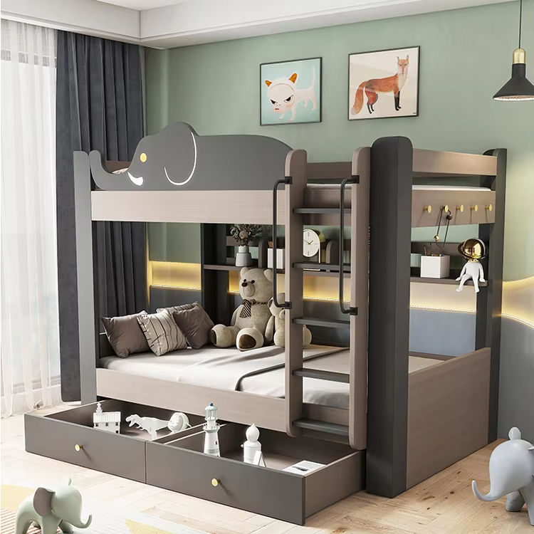 modern kids wooden bunk beds with stairs and storage drawers