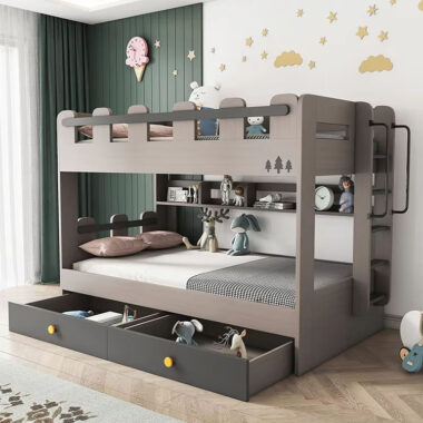 modern kids wooden bunk beds with stairs and storage drawers