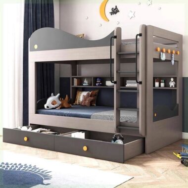 modern kids wooden bunk beds with stairs and storage drawers