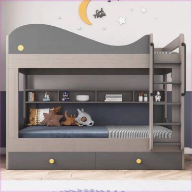 modern kids wooden bunk beds with stairs and storage drawers