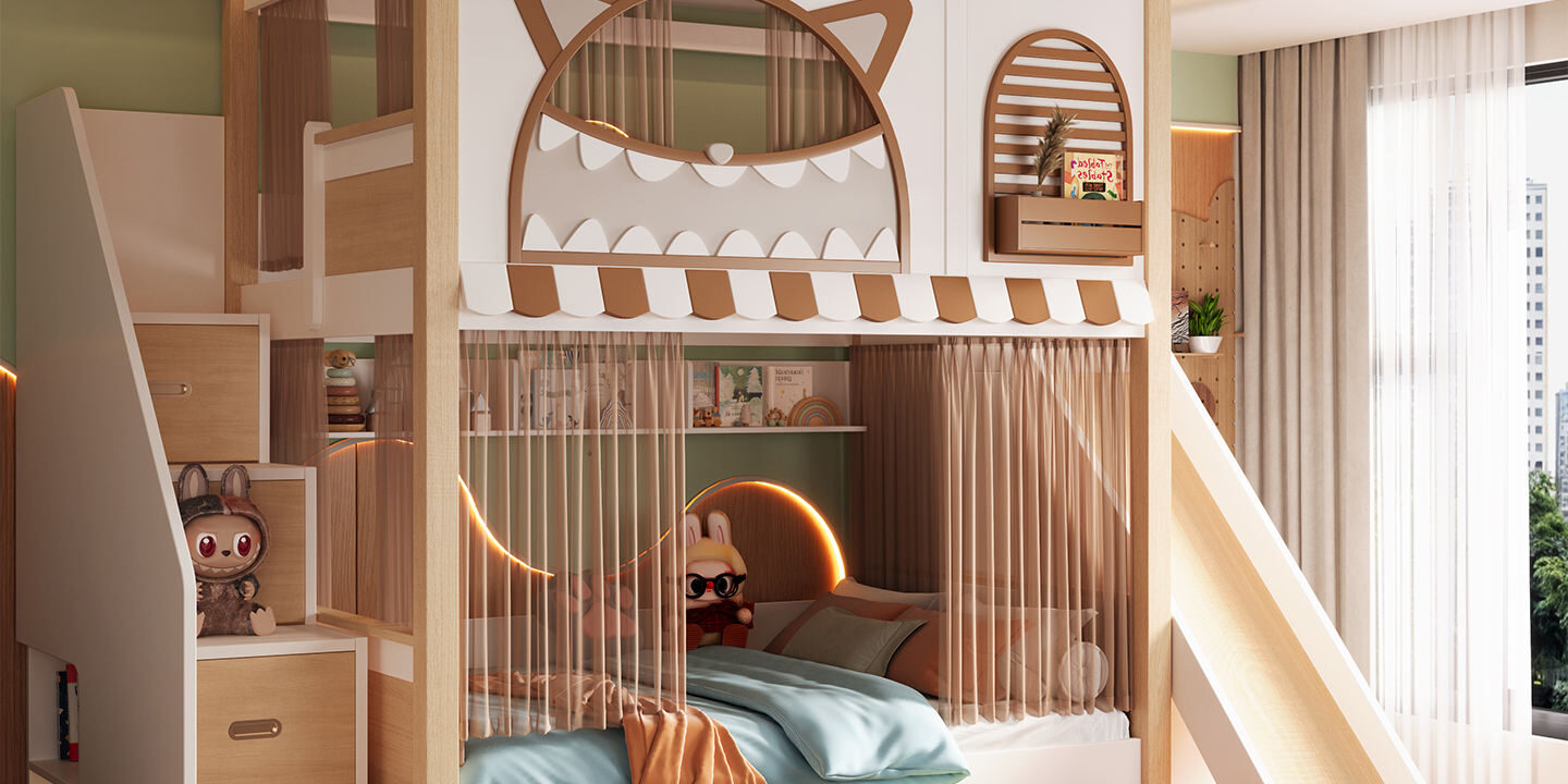 solid wood mother and baby bunk beds with wardrobe storage