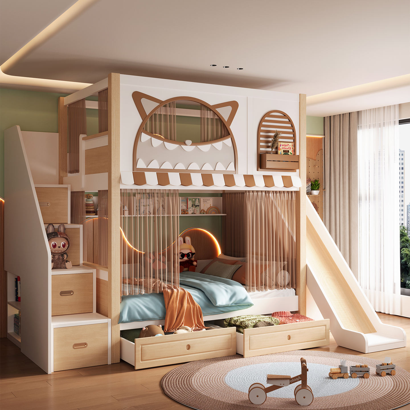 solid wood mother and baby bunk beds with wardrobe storage