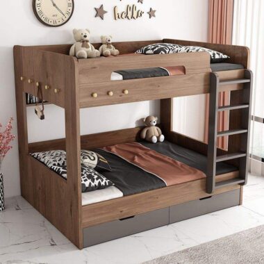 Nordic modern wooden bunk beds with ladder and storage