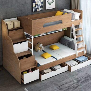 Nordic modern wooden bunk beds with ladder and storage