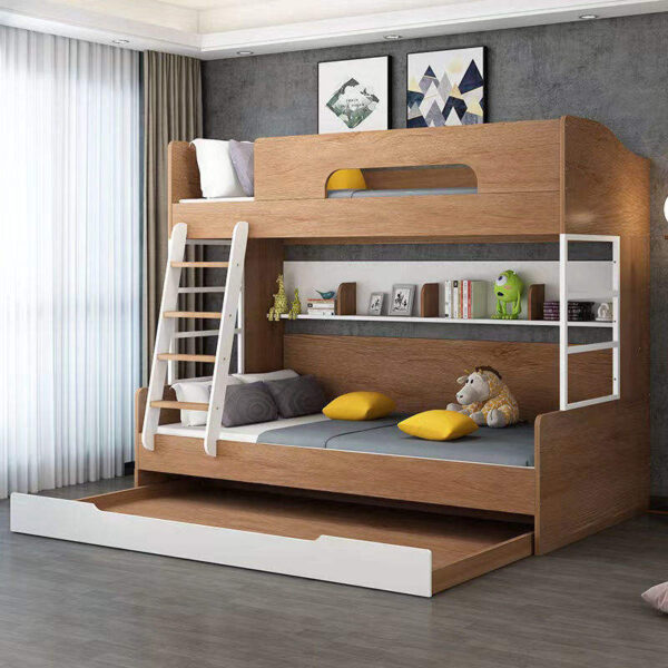 Nordic modern wooden bunk beds with ladder and storage