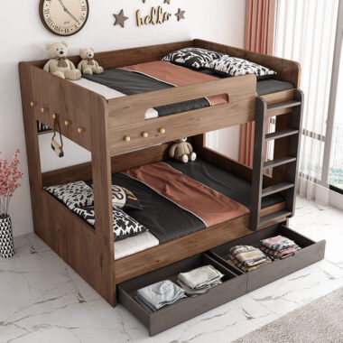 Nordic modern wooden bunk beds with ladder and storage