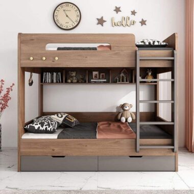 Nordic modern wooden bunk beds with ladder and storage