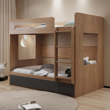 Nordic modern wooden bunk beds with ladder and storage