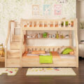 modern bedroom wooden bunk beds with stairs and storage